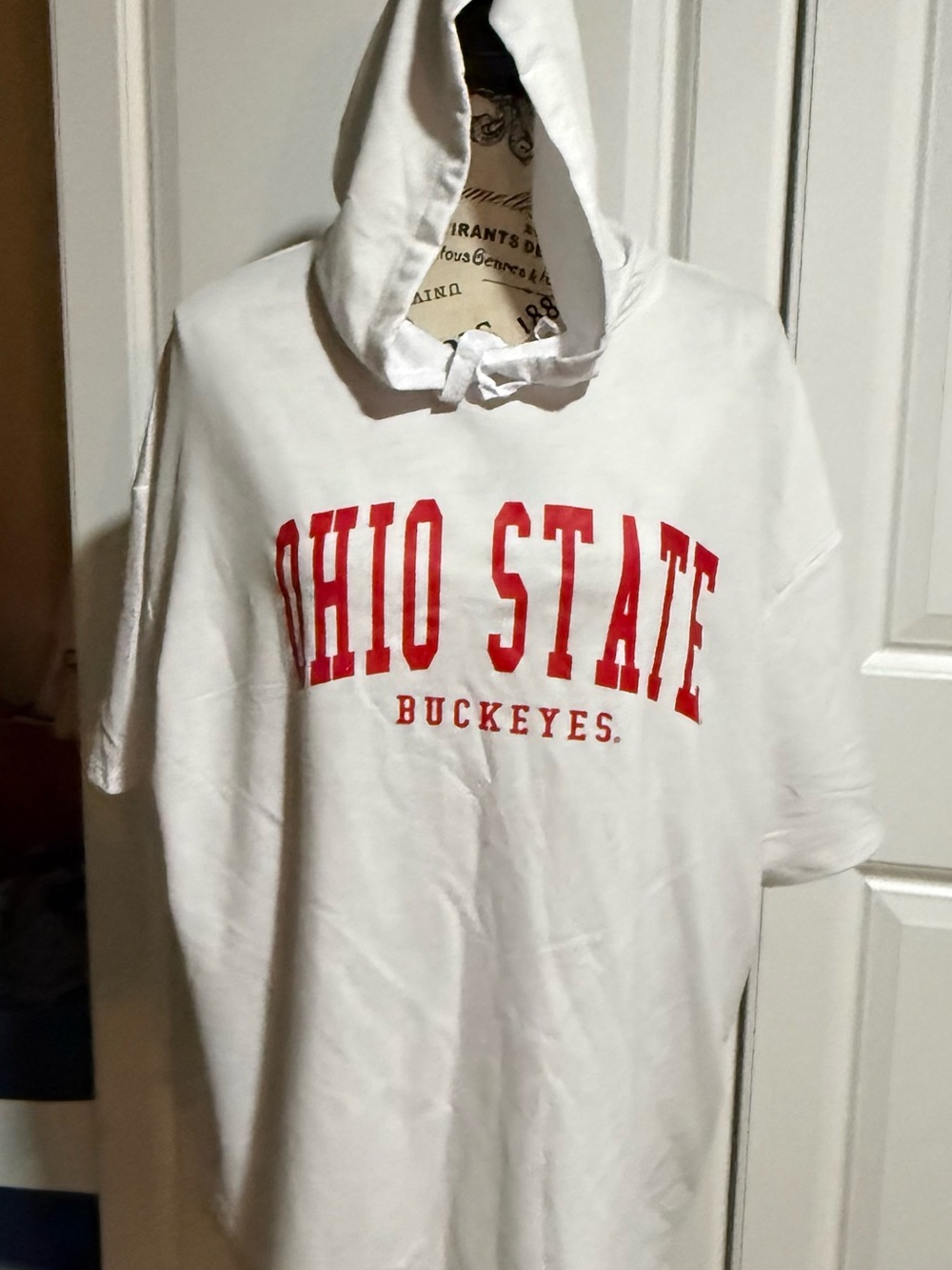 Ohio State Buckeyes White Short-Sleeve Hoodie Tee with Red Lettering